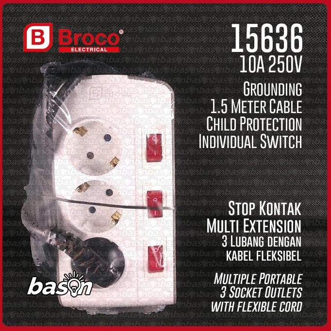 BROCO 15636 Stop Kontak Arde 3 Lubang Kabel 1.5Meter Saklar Individual