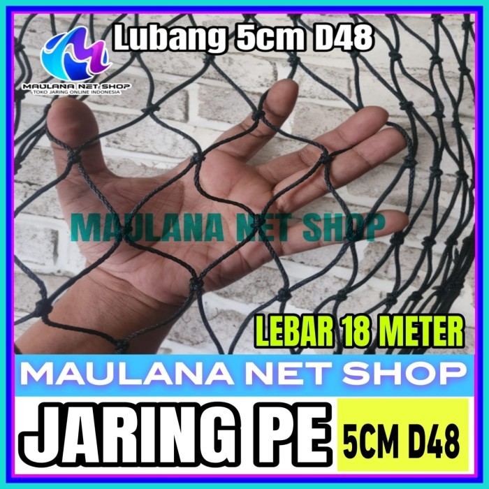 jaring pe tebal 2,5mm lubang 5cm d48 lebar 18m untuk pengaman, kolam ikan, dan futsal - ball,