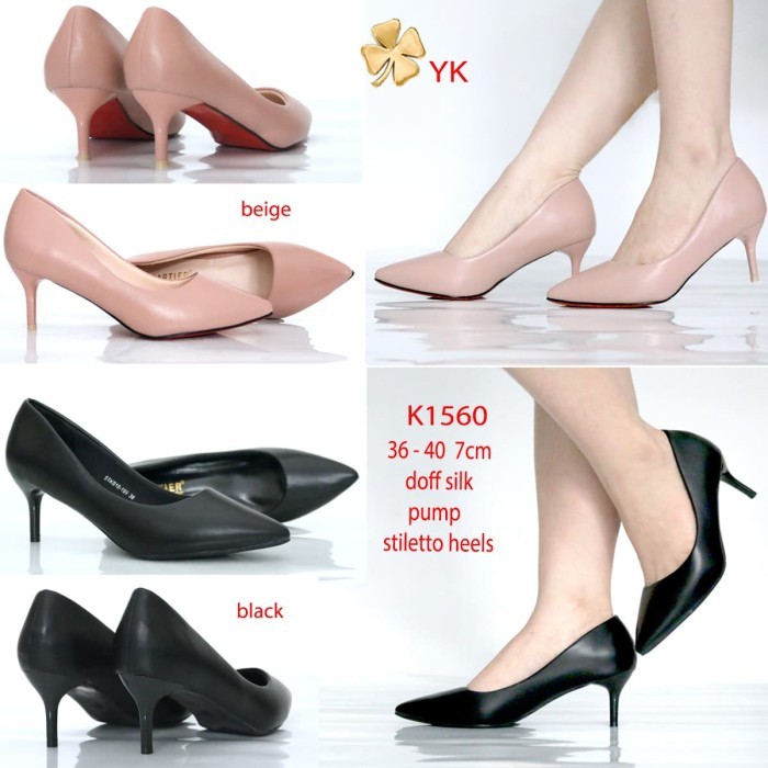 Ykshoes 1560 Heels 7Cm Sepatu Hak Pendek Pump Black Beige Ketutup Doff