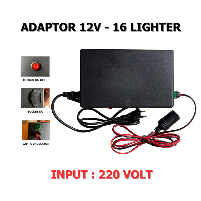Ac Dc Adaptor 12V 16A Lighter Adaptor Kompresor & Vacum Portable