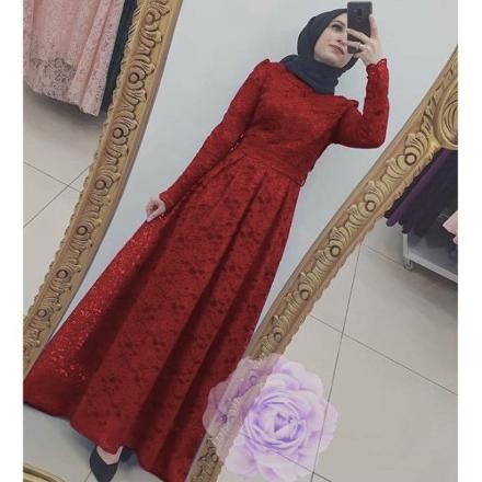 Terbaru Gamis Pesta Premium Nara Party Dress Brukat Maxi Maroon Marun Sk Berkualitas