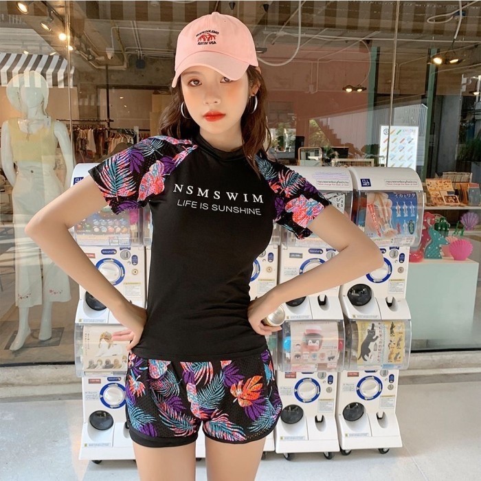 Baju renang set swimwear 2 piece swimsuit berlengan baju renang wanita