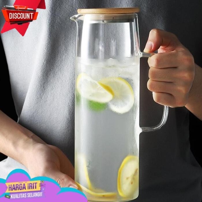 TRENDING TEKO PITCHER JUG KACA TAHAN PANAS DENGAN TUTUP KAYU / TEKO TEMPAT  MINUMAN BAHAN KACA TAHAN
