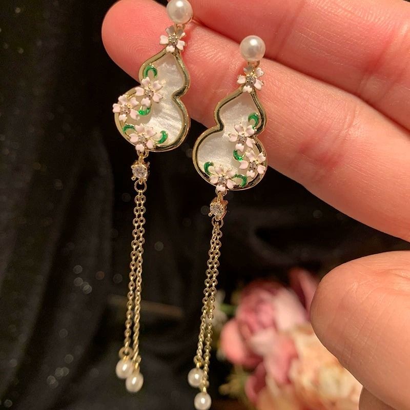 Anting Bunga Plum Merah Muda Wanita Gaya Cina Baru Anting Mutiara Rumbai Panjang Labu