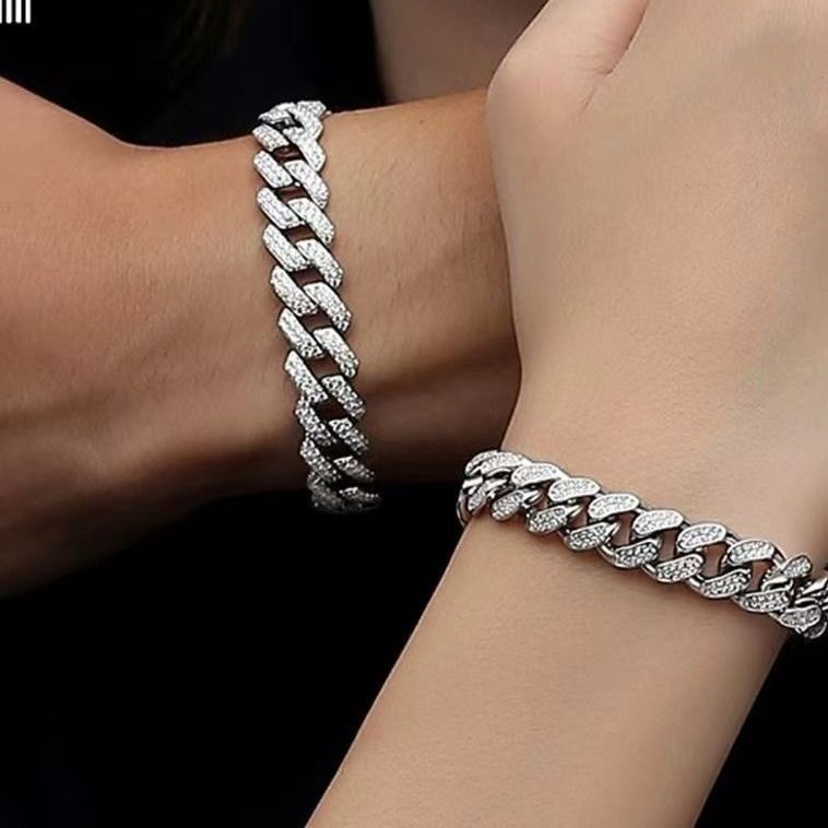 Gelang Rantai Kuba Gaya Jackson Wang Penuh Berlian untuk Pria Zircon Hip-Hop Pasangan Rhombus Eropa 