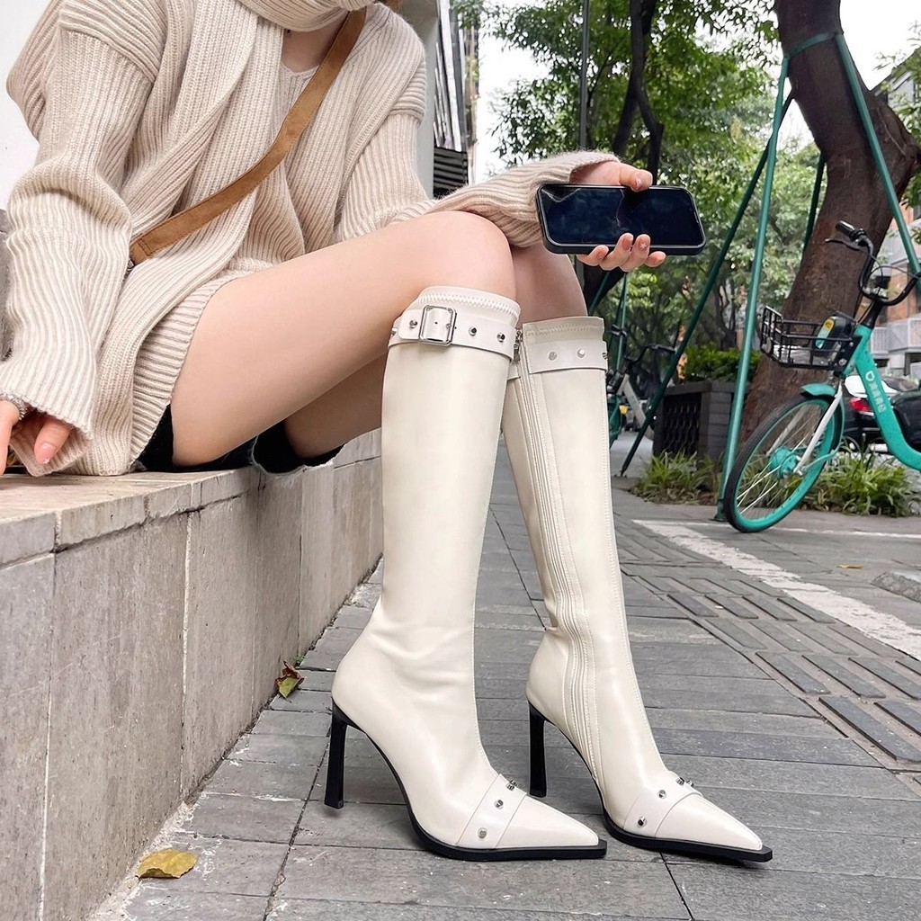 Sepatu Bot Stud Seksi Wanita Baru Stiletto Heels Sepatu Bot Tumit Runcing Prancis