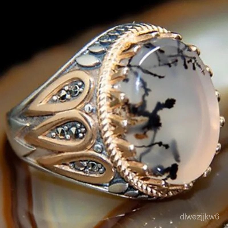 Cincin Signet Turki Vintage Buatan Tangan Untuk Pria Wanita Warna Perak Kuno Cincin Batu Bulan Batu 