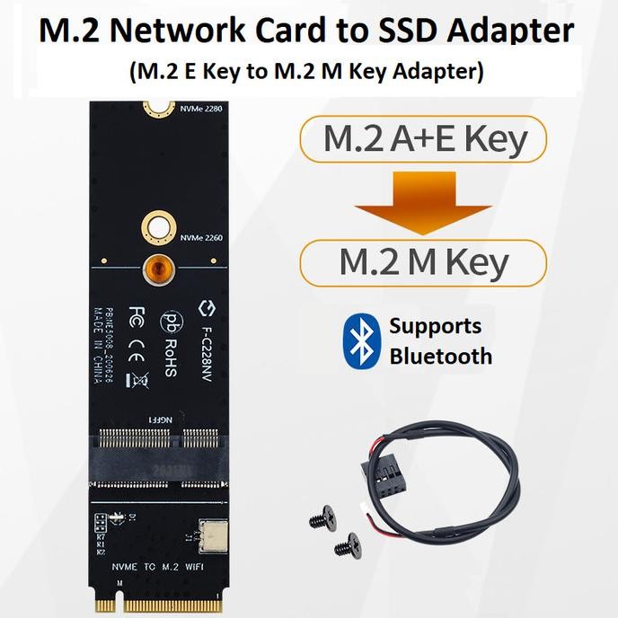 M.2 Ngff E-Key Wifi Network Card To M-Key Ssd Adapter + Bt Cable Bergaransi