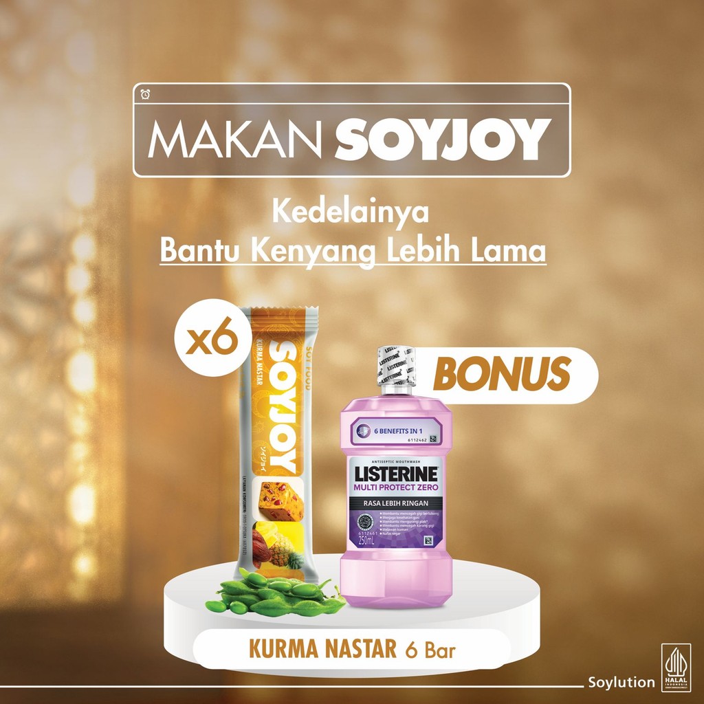 

SOYJOY Snack Bar Kedelai Kurma Nastar x6 BONUS LISTERINE Multi Protect Zero 250ml