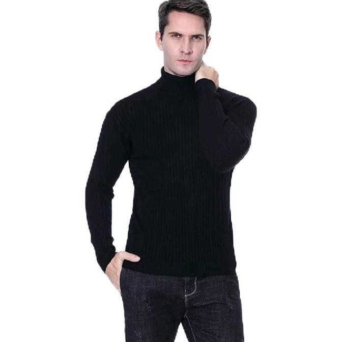 Kaos Turtle Neck Pria Tangan Panjang Hitam Putih Warehouse.Lyric Hitam Putih Tebal Knitwear Baju Ker