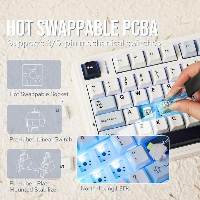 AULA F75 PBT WIRELESS GASKET HOTSWAP 75% MECHANICAL KEYBOARD WITH KNOB