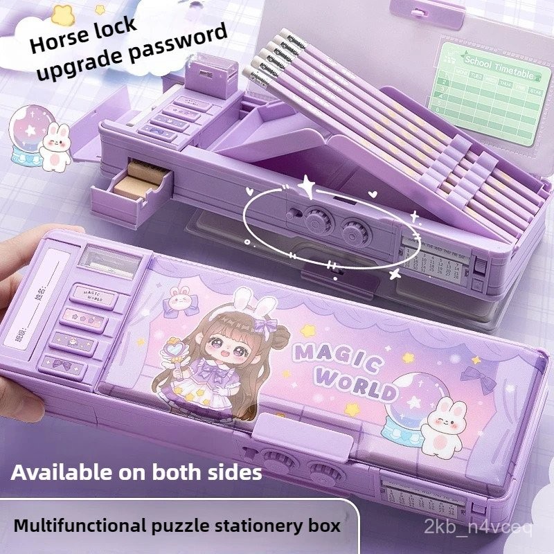 

Multi-functional Men's Stationery Box Women's Children's Password Lock Pencil Case Double Layer Capacity Plastic Pencil Box XCHG