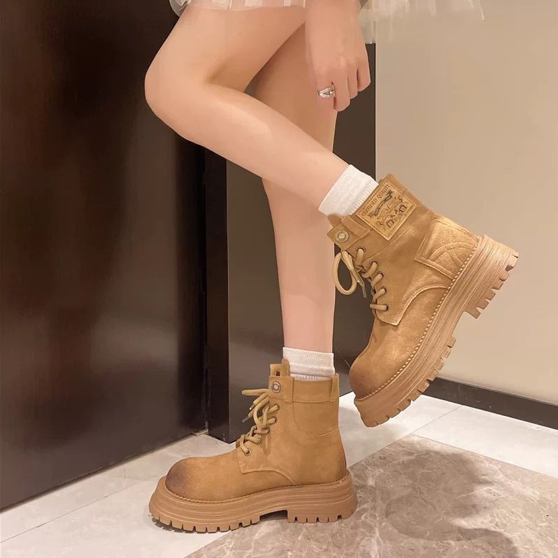 Women's boots New platform boots suede Vintage British style Genuine leather soft leather boots