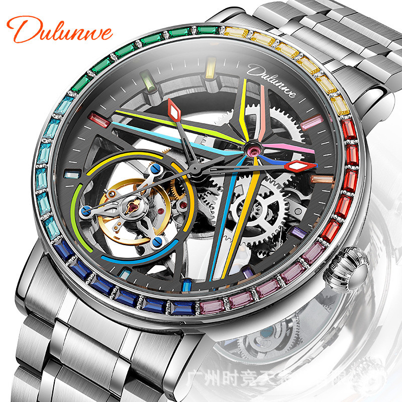 Dulunwe Genuine Automatic Mechanical Watch Roger Flywheel Skeleton Waterproof Luminous Men's Trendy 