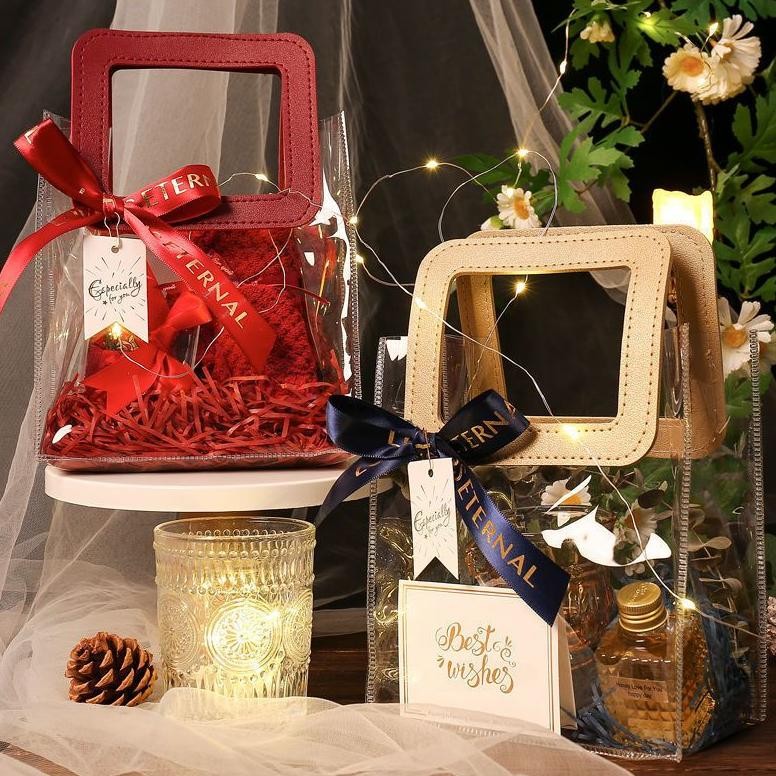 

ORIGINAL [ GROSIR PER 10 PCS ] Tas Mika PVC Clear Bening / Tas Hampers Souvenir Goodie Bag Ulang Tahun Lebaran Imlek Natal Premium be-120