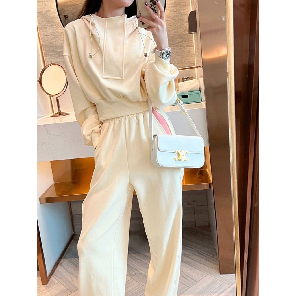 Sweater Hooded Olahraga Wanita Celana Lebar Bergaya Set Dua Potong
