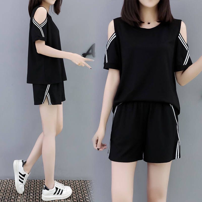Set Olahraga Lari Wanita Fashion Ukuran Plus Lengan Pendek Longgar