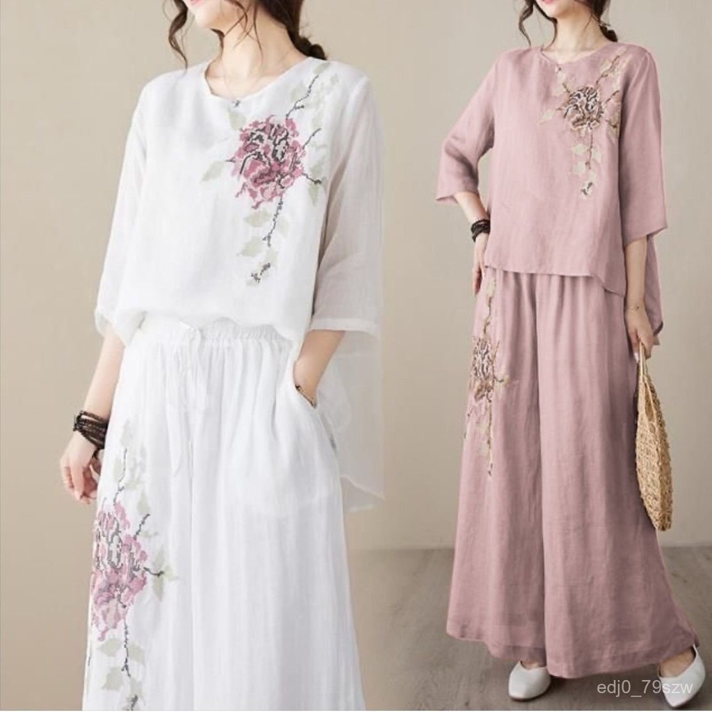 Set Bordir Katun Linen untuk Wanita  Lengan Pendek Celana Lebar Kaki Atasan Slimming Set Celana