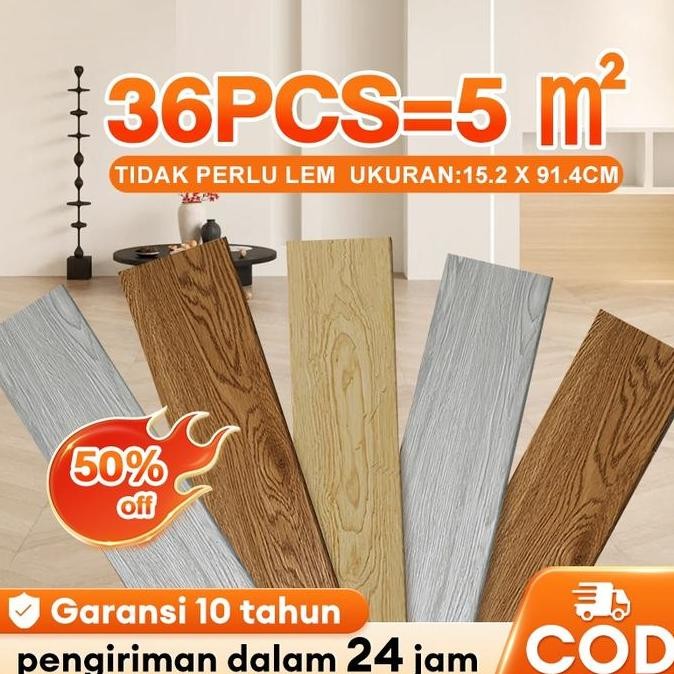 STIKER LANTAI VINYL PVC 92CMX16CM MOTIF KAYU REALISTIS 36 PCS/KOTAK - KAMAR LIST  GOLD WALL PANEL PV