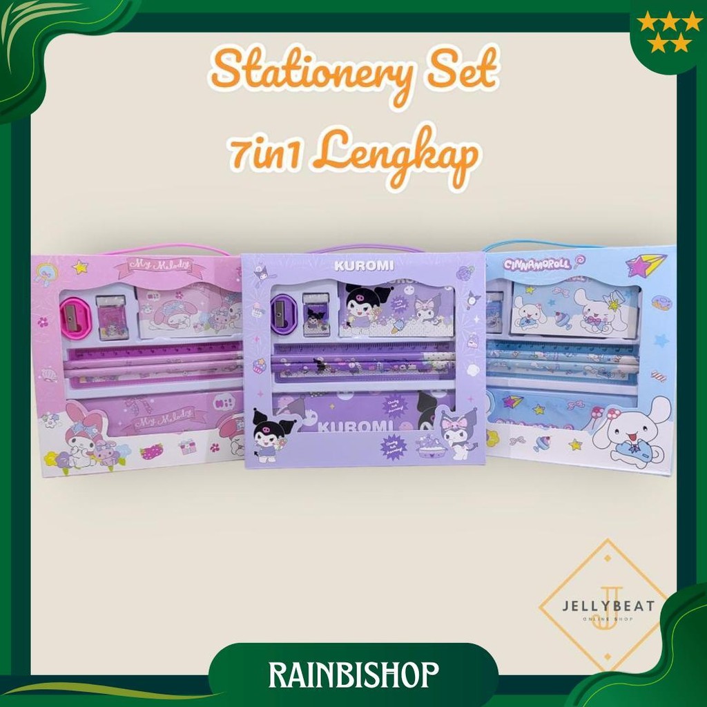 

Stationery Set / Paket Alat Tulis Karakter 7 In 1 - Kuromi Melody Cinnamoroll Spiderman Unicorn Little Pony Frozen Promo 4.4