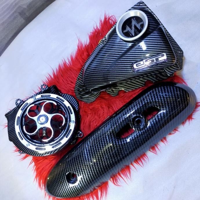 (3 Pcs) Paketan Carbon Cover Kipas Spinner, Filter Udara Veloscope, Tameng Knalpot Honda Scoopy Esp 