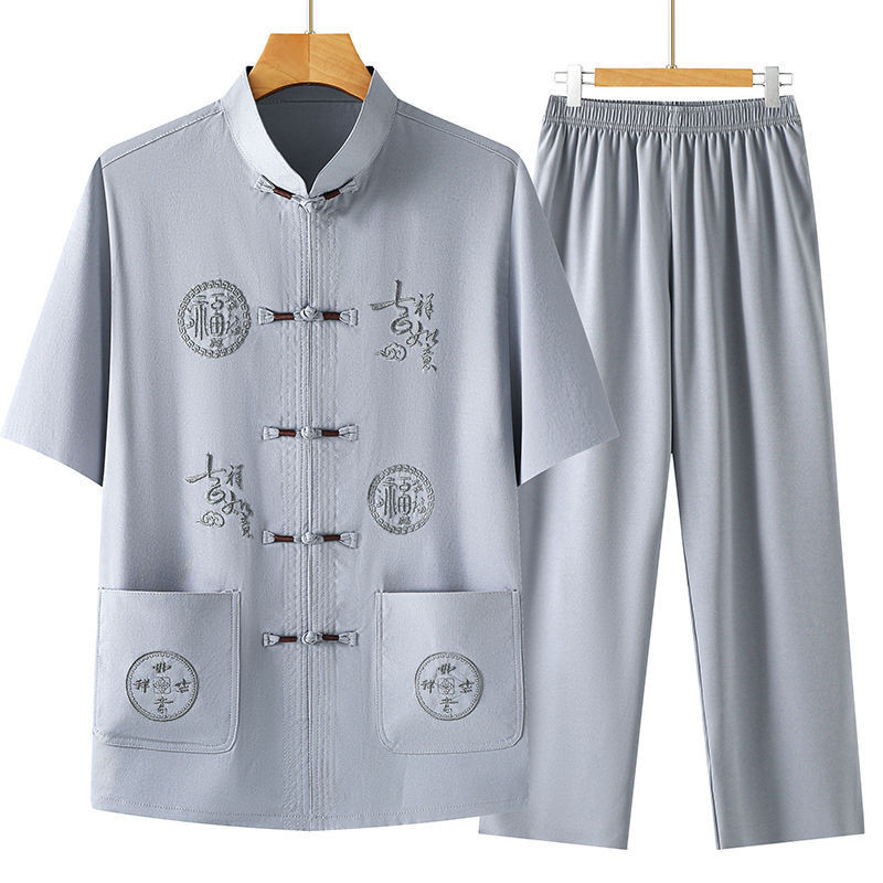 Set Kemeja Lengan Pendek Katun Linen Pria, Kemeja Longgar