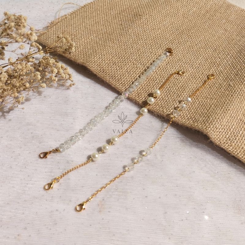 VAIZA - [Konektor Masker Leica] Konektor Masker Hijab Mutiara Broken White dan Kristal Rantai Gold /