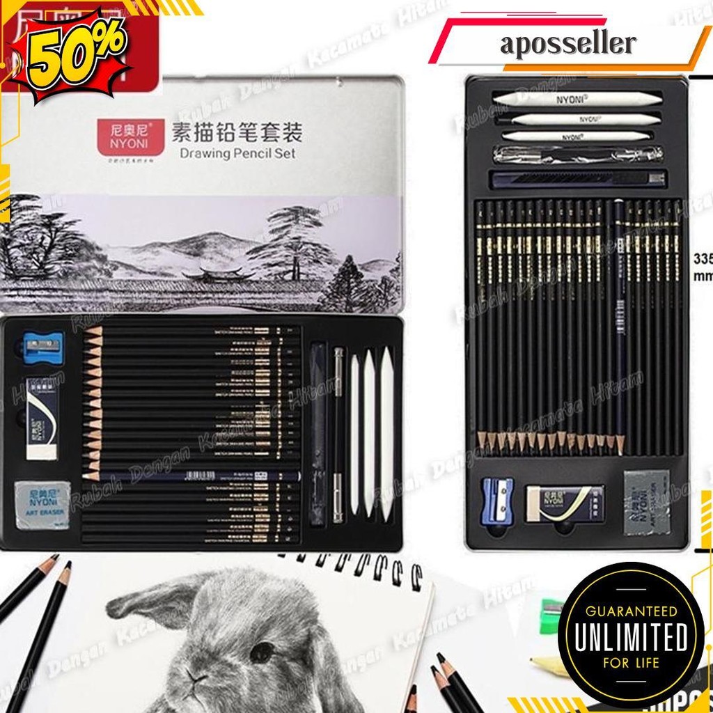 

[Cod]Nyoni Sketch Drawing Pencil Set 30 / Pensil Lukis Sketsa Set Lengkap/Drawing/Sketsa Pensil Matt, Sketsa Pemula, Pensil Arang, Penghapus, Kotak Pena, Pena Kertas, Spons, Pena, Set Pisau/Sketch Pencil Set In Kotak Besi Bisa Cod