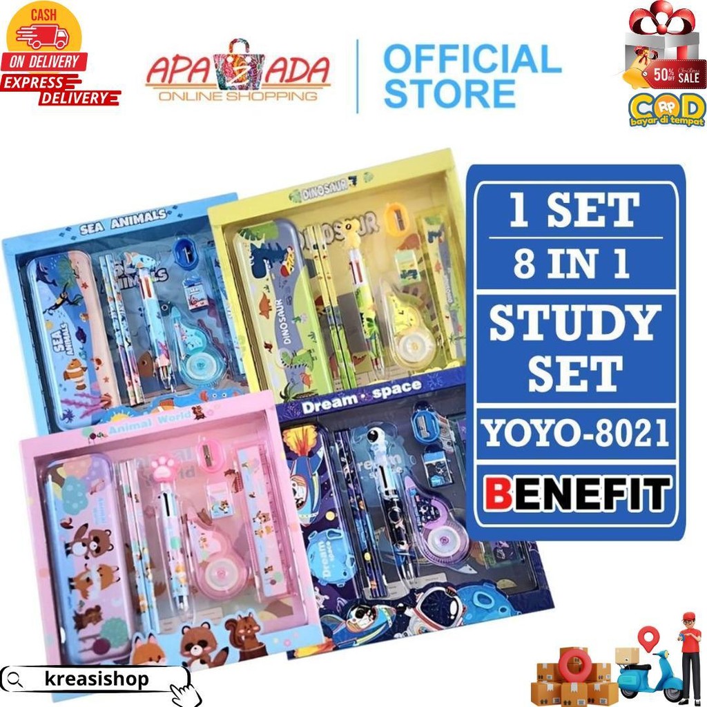 

Apazada - Stationery Set Isi 8 / Study Set Yoyo-8021 / Set Perlengkapan Alat Tulis 8 In 1 D Promo Puncak