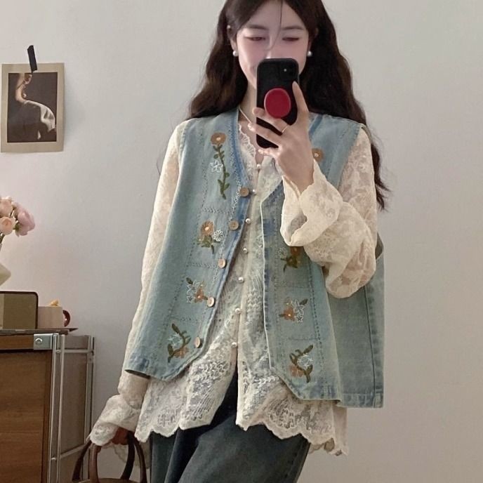 Rompi Denim Blus Renda Atasan Putih Celana Lebar Set Tiga Bagian untuk Wanita