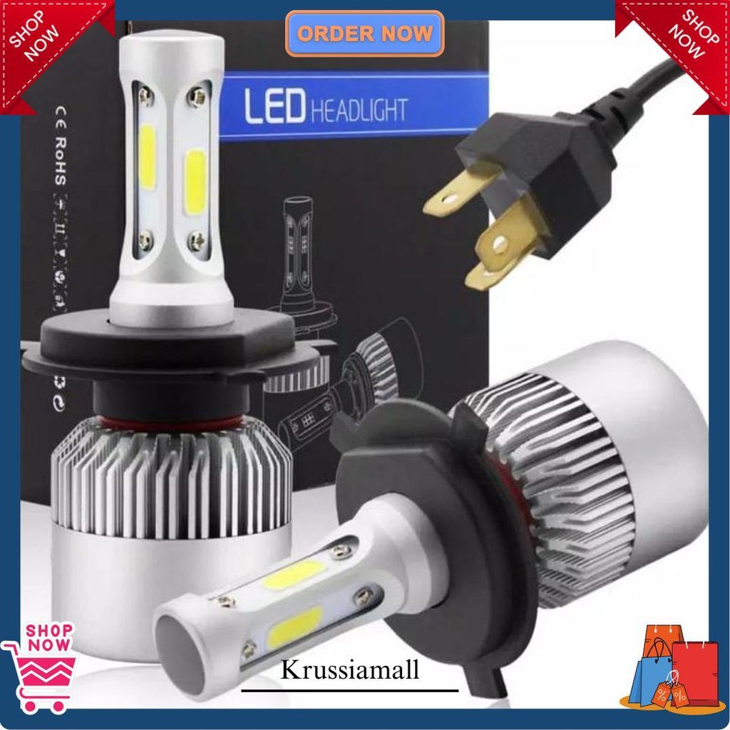 (2 Pcs). Lampu 2 Led H4 72W Cob Terang Hemat Enegri Tahan Lama Ada Kipasnya / Lampu Mobil / Led / H4