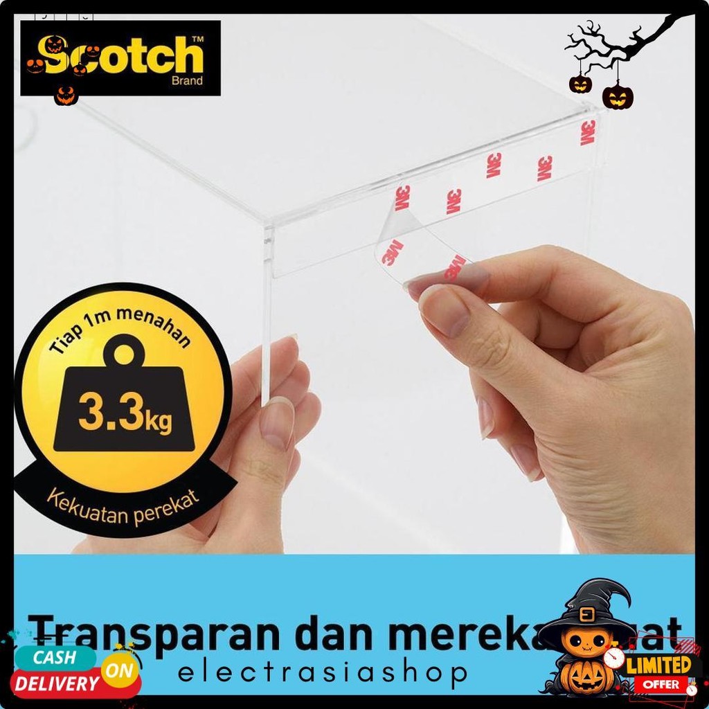 

3M Scotch Double Sided-Mounting Tape, Menahan Hingga 3.3Kg, 1 Pc, Transparan, Untuk Pengunaan Dalam Ruangan Diskon Setengah Harga
