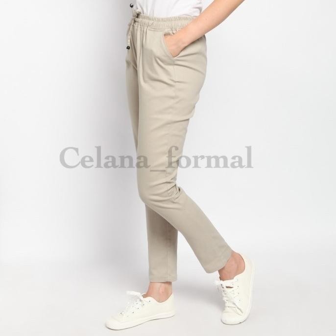 Murah Celana Chino Wanita Pinggang Karet Slim Fit Katun Twill/Chino Wanita