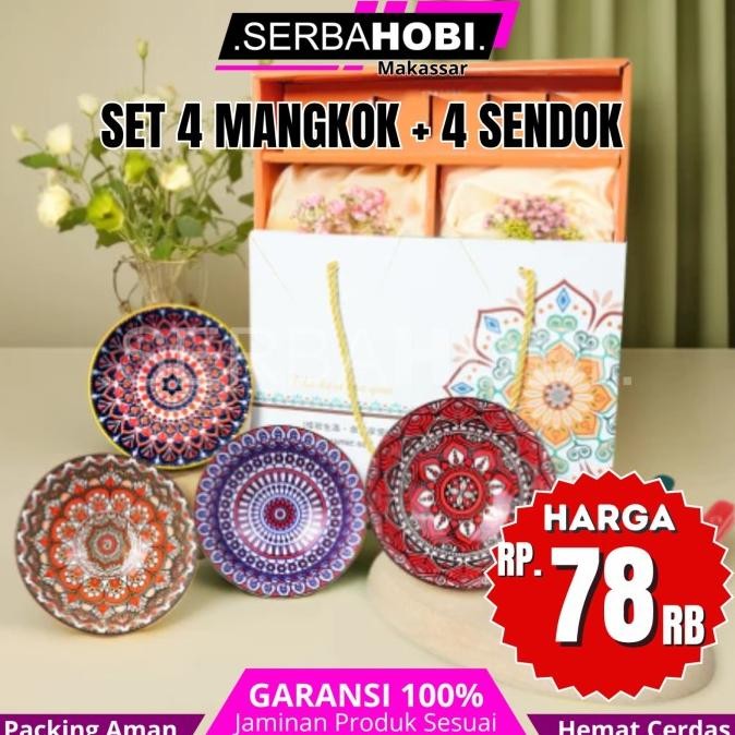 yang dicari@@@@] Set 4 Mangkok + 4 Sendok Bohemia Orange Putih / mangkok keramik