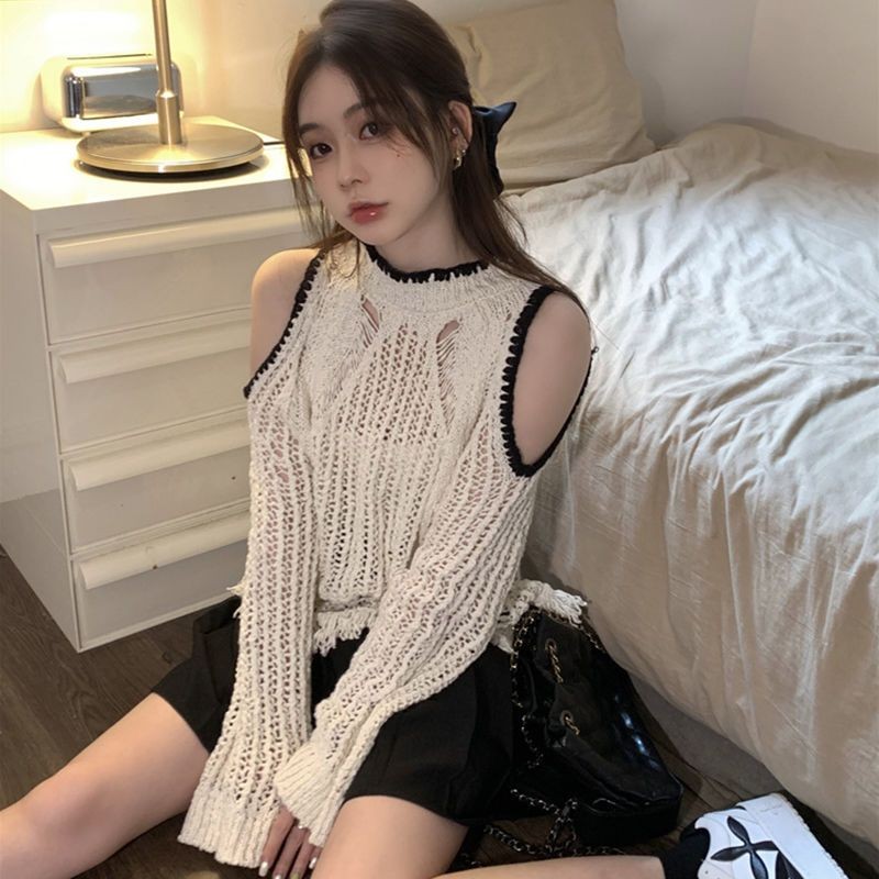 Sweater Rajut Lengan Panjang Putih Baru Tanpa Bahu Fashion Wanita