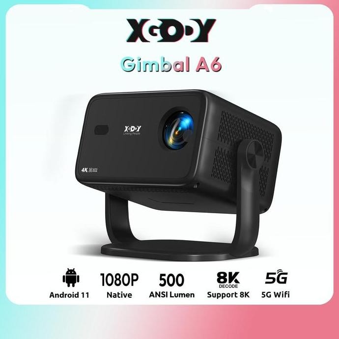 Xgody Gimbal A6 Smart Proyektor 1080P 4K Decoding 500 Ansi Lumens Android 11