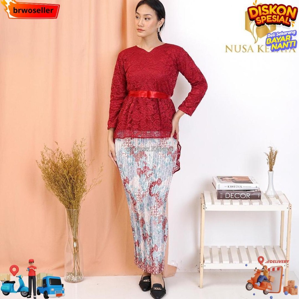 Setelan Kebaya Brukat Pinguin Set Rok Plisket Batik Untuk Kebaya Wisuda Modern Kondangan Seragaman P