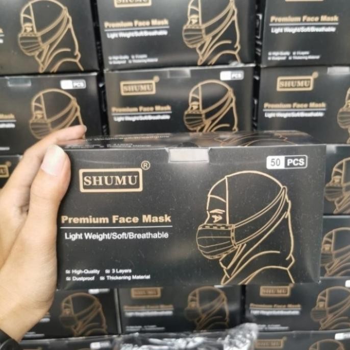 Promo Masker Hijab Hitam/Black 3Ply Headloop isi 50 Psc Masker Premium SHUMU COD