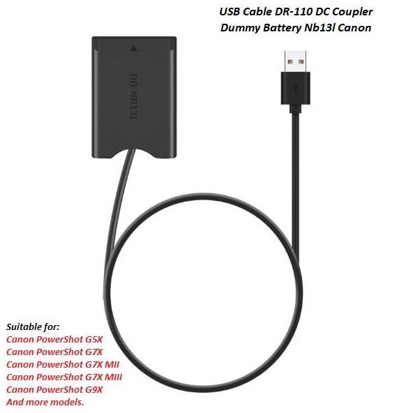 USB CABLE DR-110 DC COUPLER DUMMY BATTERY NB13L CANON G7X MARK II G1X G7X G5X 2104T