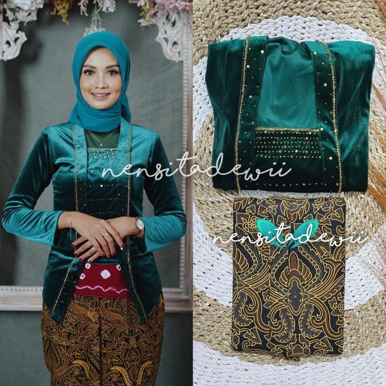 Diskon [1 Set, Dh03A] Kebaya Payet + Jarik Instan / Nuansa Hijau Botol Murah