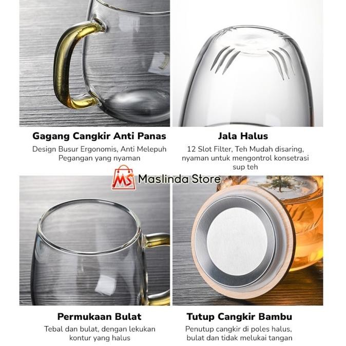 

Gelas Cangkir Teh Kopi With Infuser Filter Tutup Kayu Desain Estetik