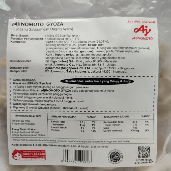 

Gyoza Chicken Frozen Ajinomoto 30pcs - Ayam dan Sayuran Halal Premium murah