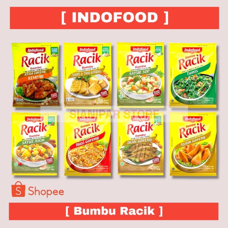 

INDOFOOD BUMBU RACIK AYAM GORENG - SAYUR ASEM - SAYUR SOP - TUMIS - NASI GORENG - IKAN GORENG - TEMPE + TAHU