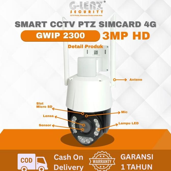 GLENZ CCTV Sim Card 4G GWIP 2300 HD 3MP | Kamera Smart CCTV PTZ Sim Card 4G Full Color Night Vision 