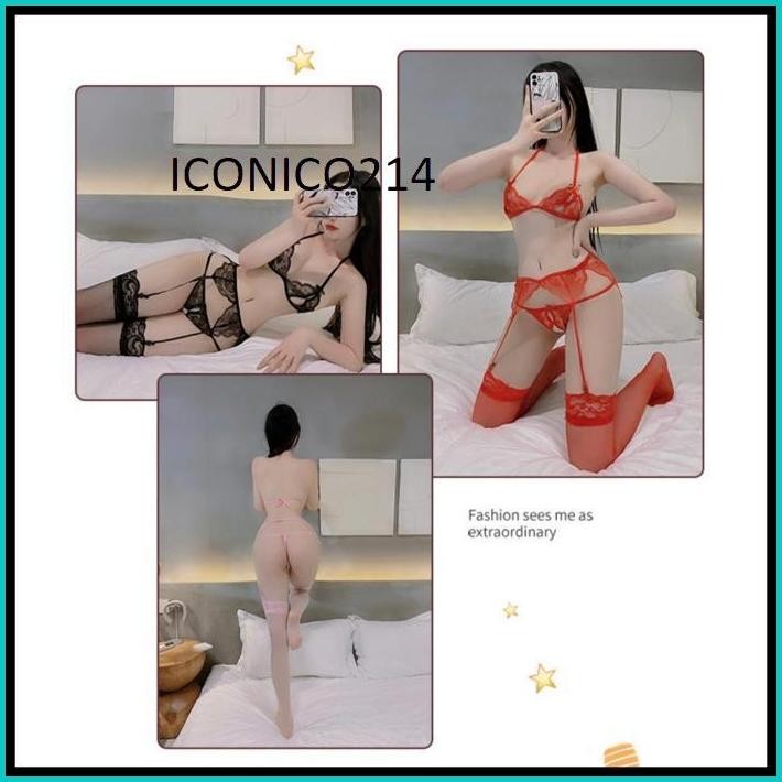 LINGERIE SEXY HOT RANSPARAN OPEN BRA G STRING RENDA GARTER BELT&STOKING 3T06