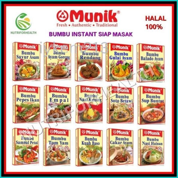 

MUNIK BUMBU INSTANT RASA SAYUR ASEM AYAM GORENG OPOR AYAM RENDANG SOTO RAWON NASI KUNING SAMBAL PETAI GADO GADO EMPAL SEMUR