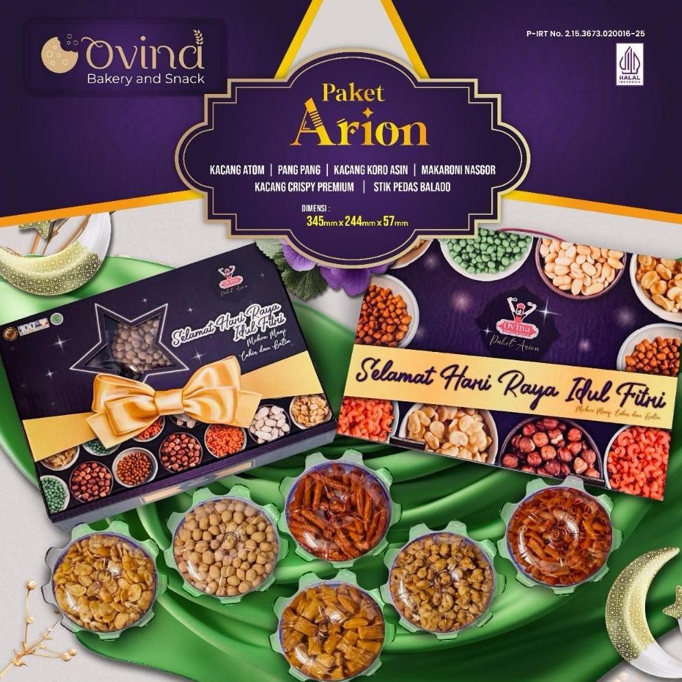 

Ovina ARION Paket Kacang dan Snack isi 6 Toples/Hampers Lebaran/Paket Kue Lebaran