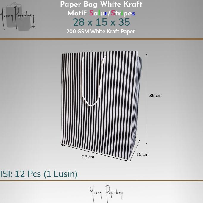 

It34 Paper Bag / Tas Kertas /Shopping Bag White Kraft Motif Salur/Stripe 28X15X35 (1 Lusin)