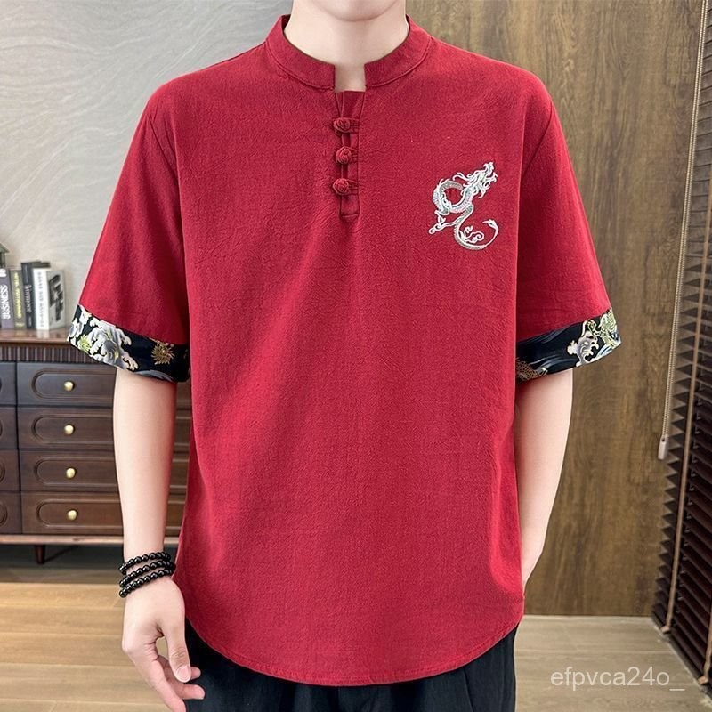Atasan Pria Lengan Setengah Katun Linen Bordir Gaya Cina/Setelan Tang Vintage T Baju Kaos