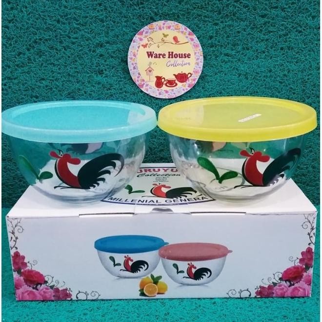 Mangkok Kukuruyuk / Mangkuk Ayam Jago Set Isi 2,Tutup Plastik Warna.